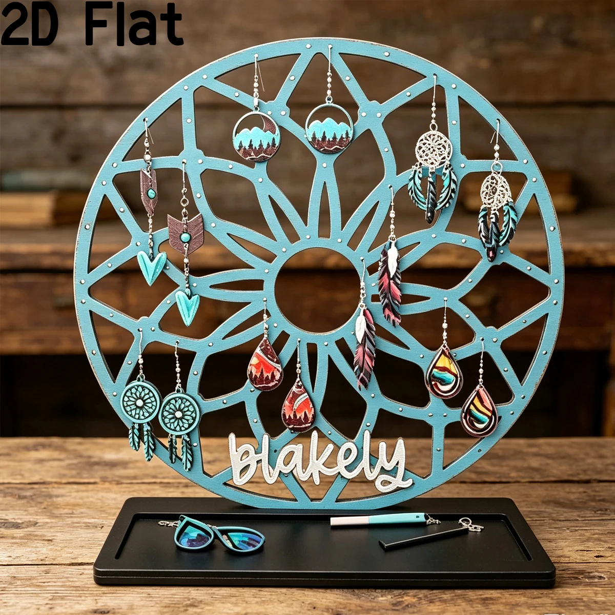 1pc Custom Blue Flower Wood Acrylic Earring Holder: Wooden Jewelry Organizer,Birthday Wedding Party Decor Gifts for Home friend