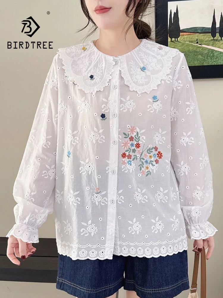 New 2026 Autumn Women Cotton Long Sleeve Shirt, Peter Pan Collar Embroidery, Mori Girl Korean Preppy Style Loose Blouse T68849CC