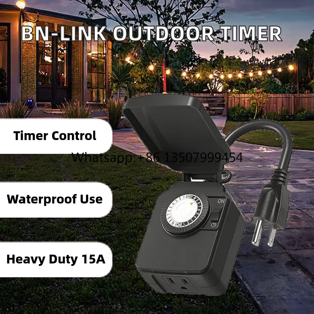 

BN-LINK 24-Hour Mechanical AC Powered Outdoor Light Timer Waterproof 1 Grounded Outlet Home Garden 15A 1/2HP Heavy Duty