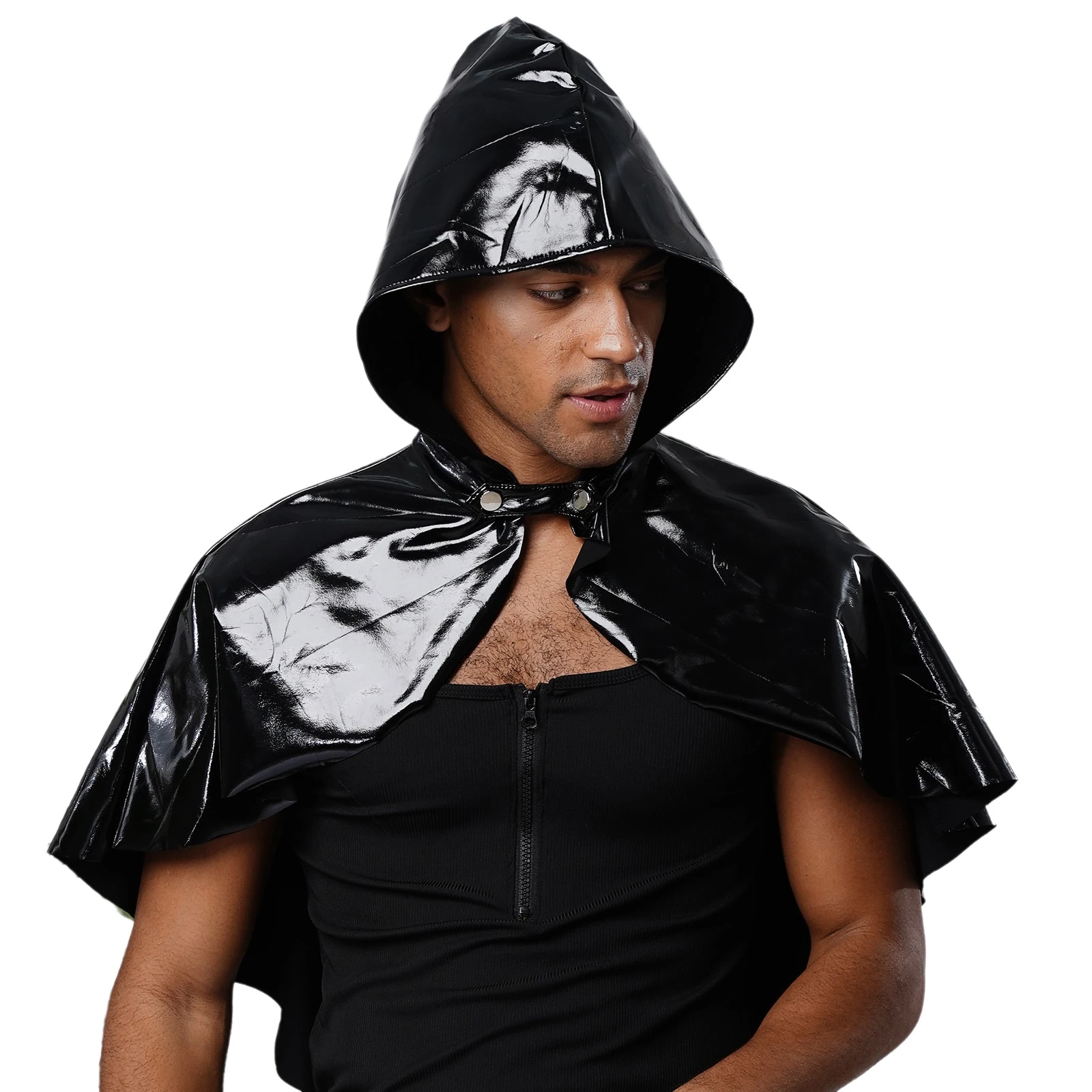 Capa masculina medieval de couro pu com capuz, aparência molhada, gótico, steampunk, feiticeiro, dramatização, vestido extravagante, botão de pressão frontal, capa curta