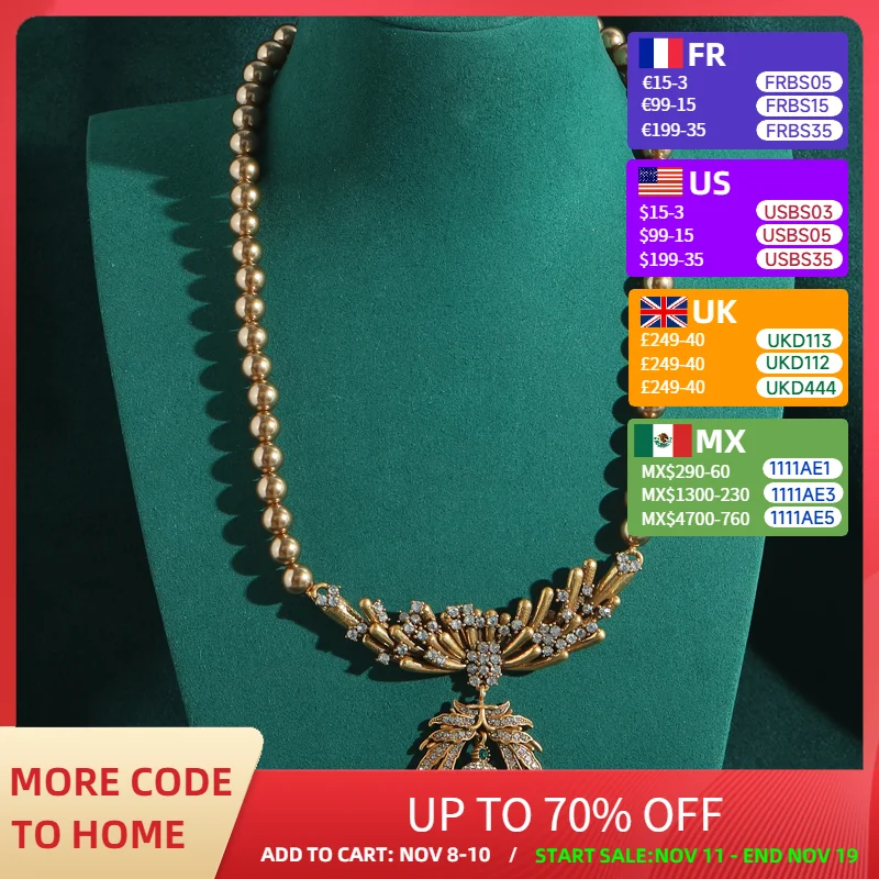 

Vinatage Champagne Pearl Necklace Jewelry Rhinestones Bee Pendants And Charms Antique Gold Color Green Beads Woman Accessories