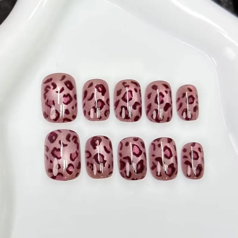10 Stück Französischer Stil Leopardenmuster mit Katzenaugen-Effekt Aufklebbare Nägel Kurze Ovale Form Hochwertige Nagelspitzen Maniküre-Aufkleber Nagelkunst – Detail 12