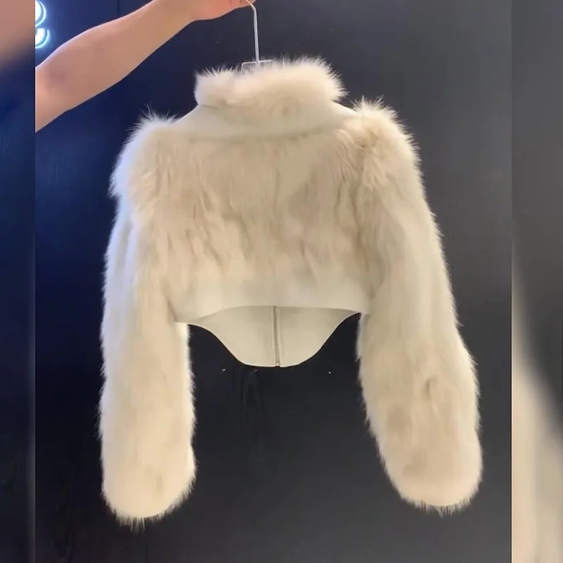 レディースレザーファーパッチワークファー付きジャケットホワイトショートジッパーぬいぐるみコートスタイリッシュフェイクファージャケット冬用スタンドウォームふわふわトップス