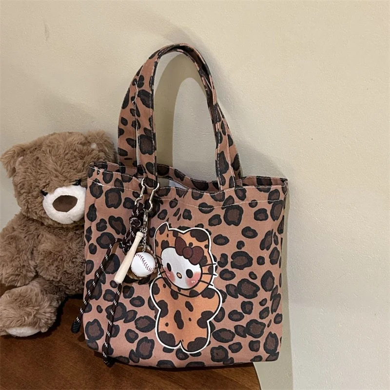 New Maillard leopard print kitty cat canvas bag with large capacity for returning to school students to go shopping , handbag