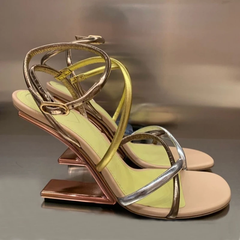 Yellow Women Sandals Straps High Heel Wedge Shoes Strange Heel Ladies Summer Gladiator Sandal Dress Pumps Wedges Big Size 42