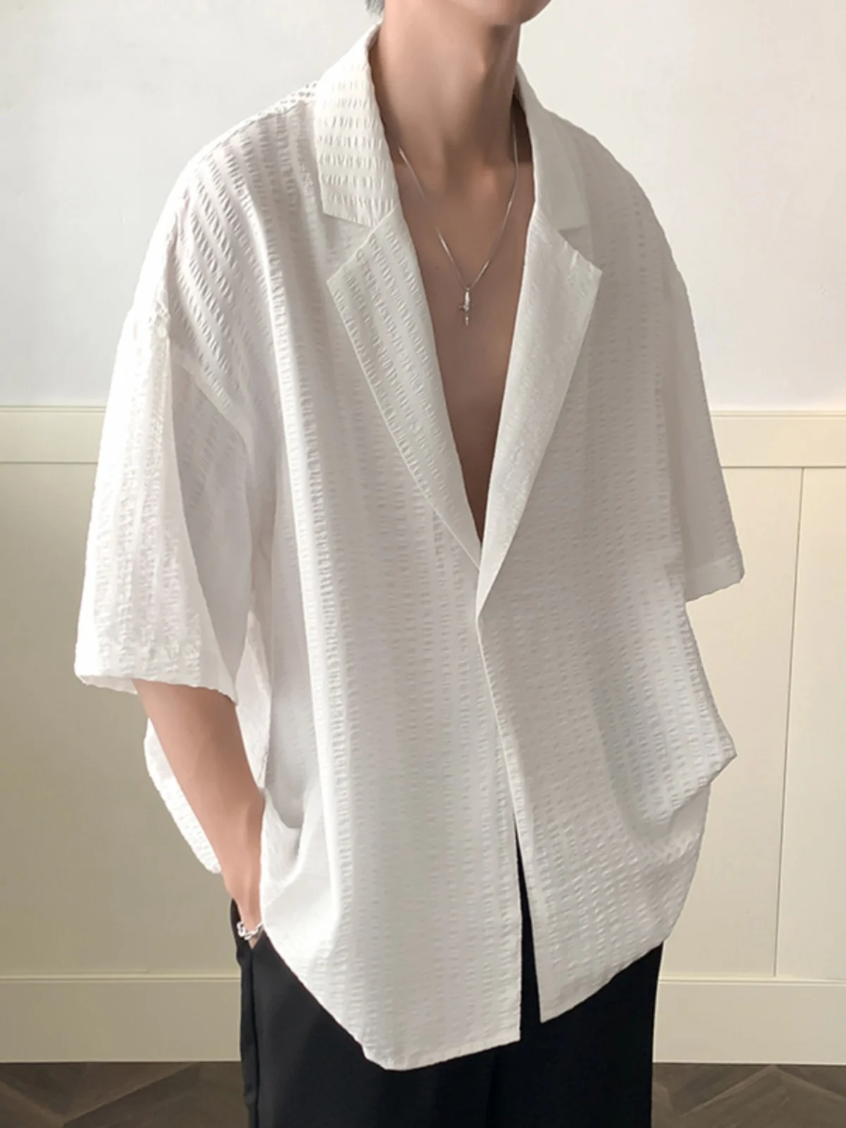 

Мужская рубашка из чистого белого ледяного шелка с воротником-стойкой, летняя, премиум-класса, с коротким рукавом