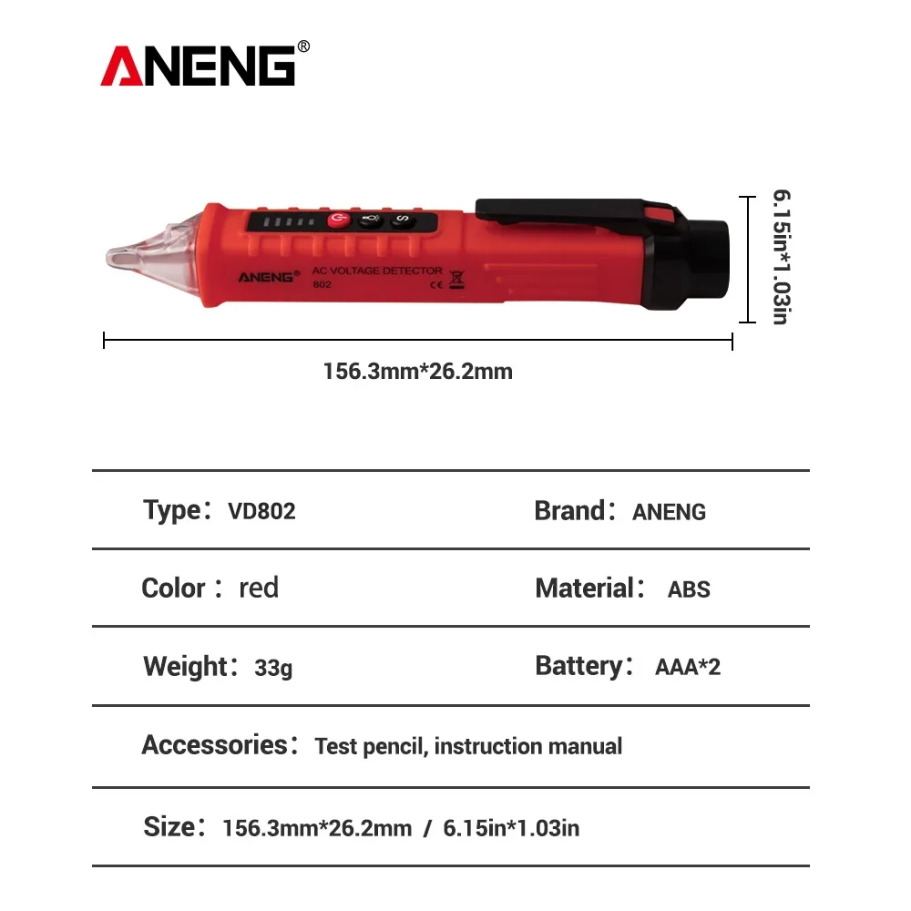 VD802 Non-contact AC Voltage Detector Tester Meter 12V-1000v Pen Style Electric Indicator LED Outlet Voltage Dectetor Sensor wit