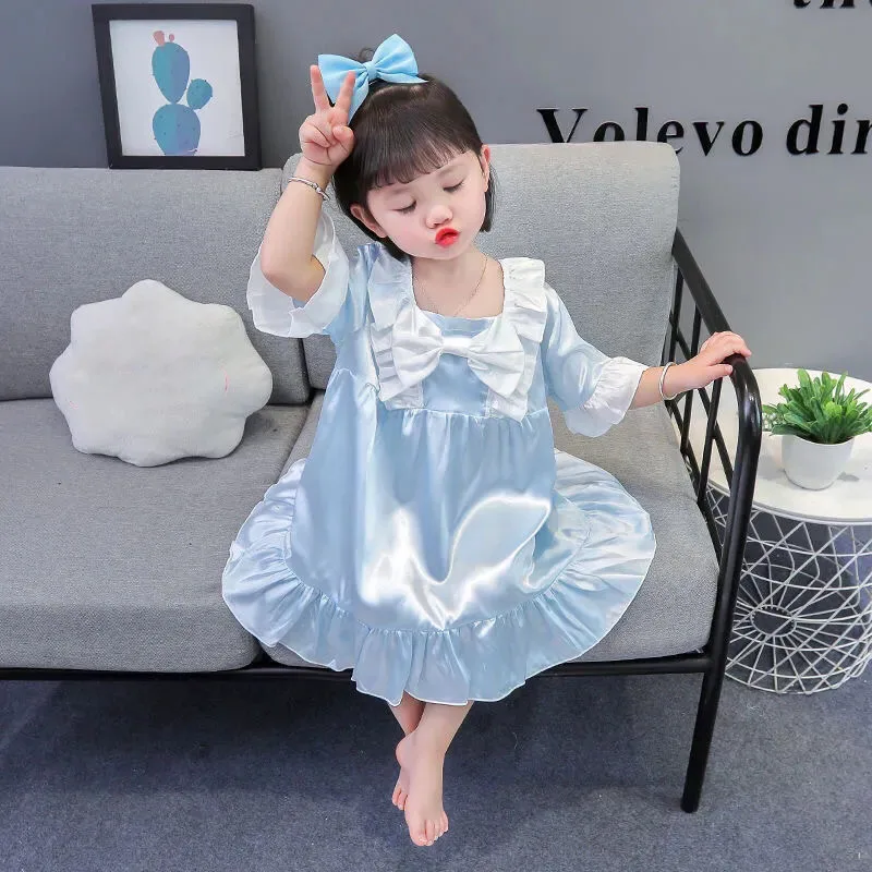 Summer Girls' Thin Silk Loungewear Sweet Princess Style Girls Nightdress Short Sleeve Nightdress Knee-length Nightgown