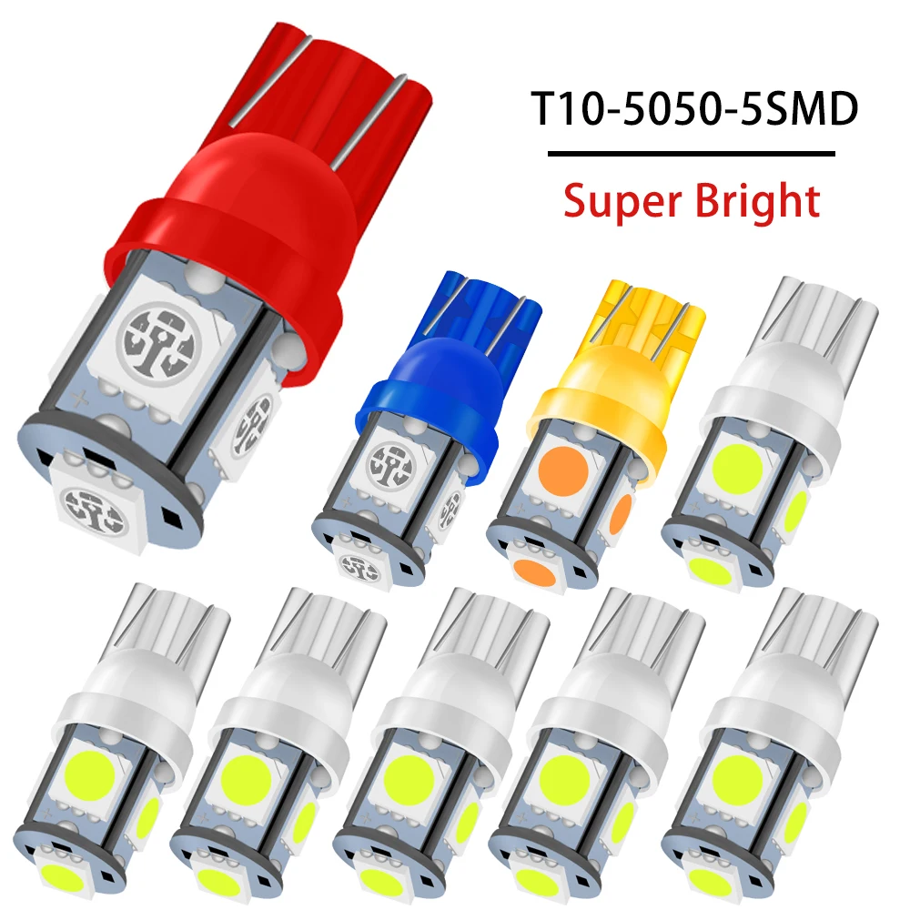 100pcs T10 5W5 W5W LED Bulb 5050 5SMD 12V 8000K White Car Wedge Side Light Interior Dome Door Maps Trunk License Plate Lamp