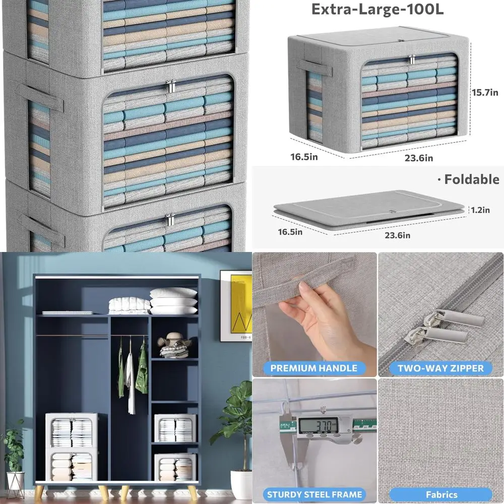 

Extra Large 100L Foldable Linen Fabric Storage Bin with Clear Window & Carry Handles for Clothes & Linen Organization