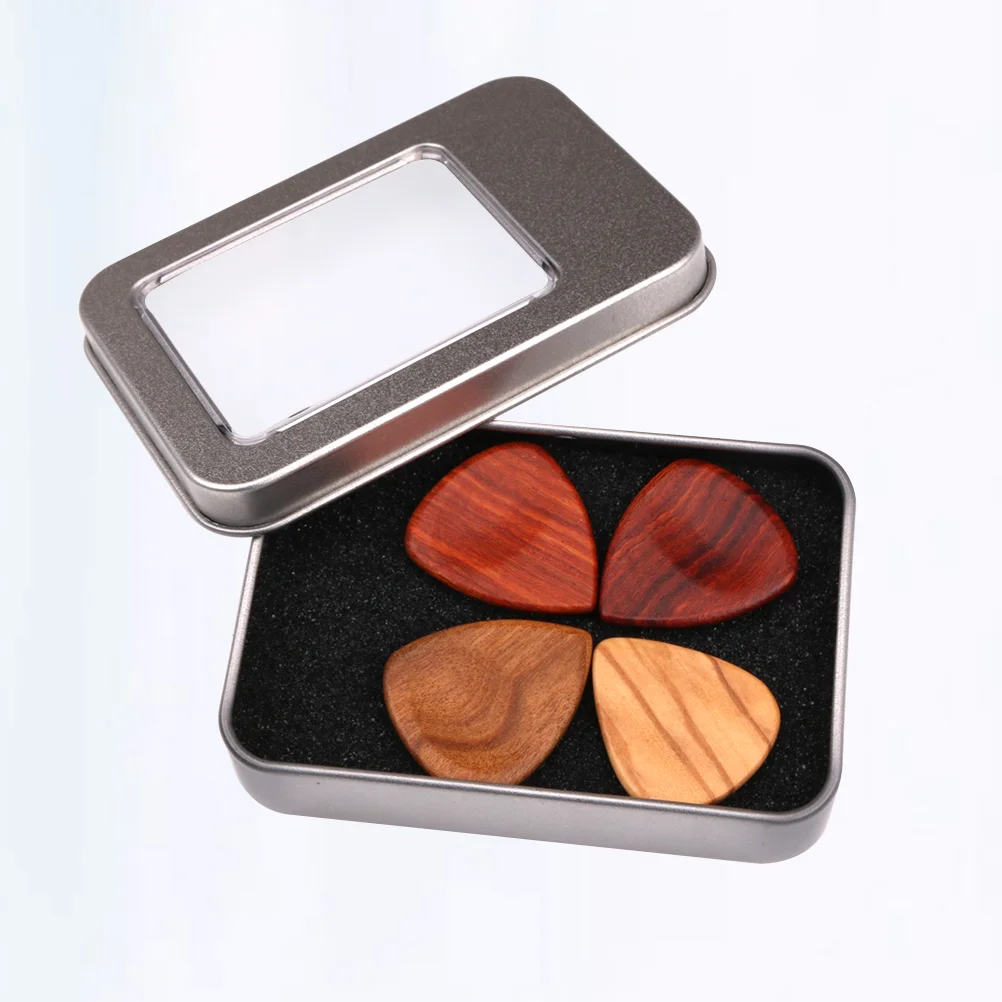 1 Set/5 Pcs Iron Case and Wooden Guitar Pick Guitar Pickup Accessories Box Guitar Pick Collection Holder Storage Box (Box and 4