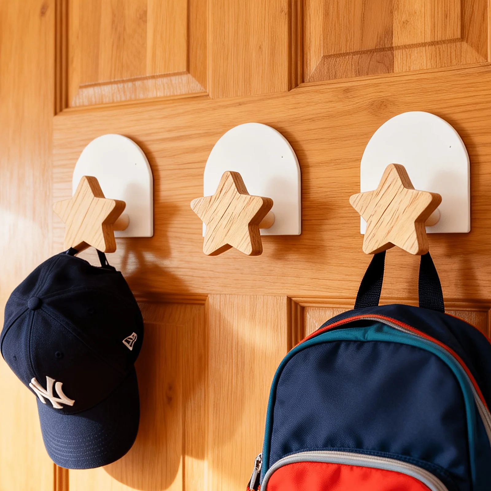 1pc Wooden Hook,Heart, Flower, and Star Solid Wood Coat Hooks with Metal Base, Wall-Mounted Adhesive Hooks, Cute Style