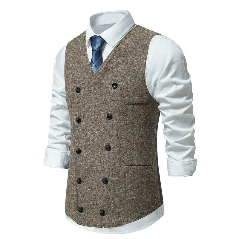 Vintage Chaleco Hombre Men เสื้อกั๊ก Double Breasted Tweed Trajes Elegante Para Hombres ธุรกิจชุดบุรุษชุดเสื้อกั๊ก