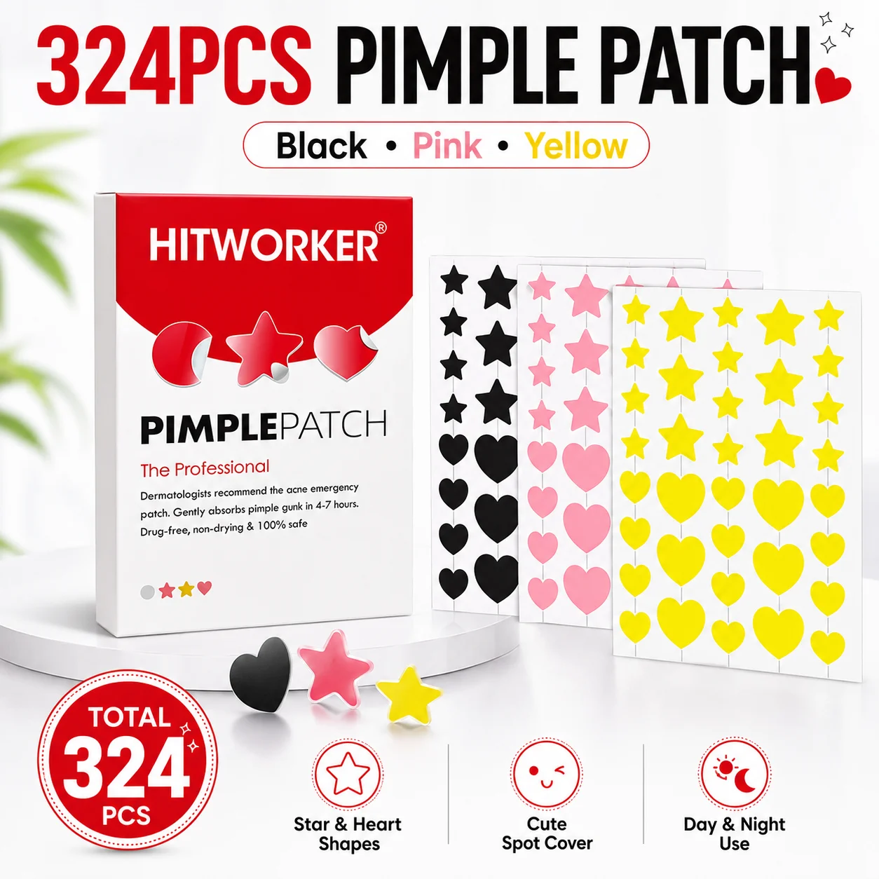 324PCS Heart Star Acne Patches Hydrocolloid Pimple Stickers Black Pink Yellow Blemish Cover Face Spot Care