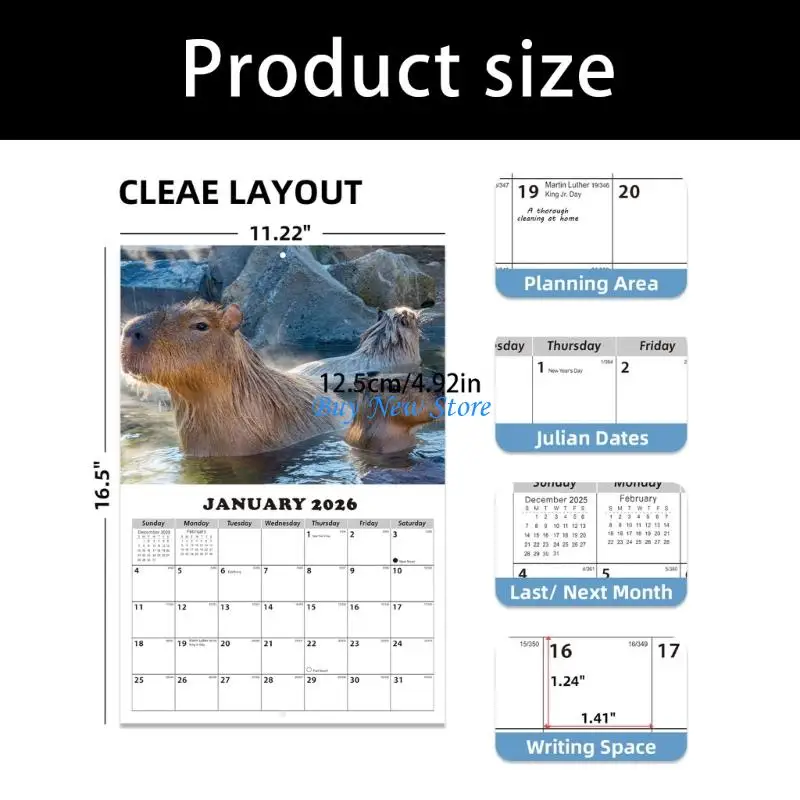 Calendario para colgar en pared con temática animales, 20CE 2026, 13 meses, desde enero 2026 hasta enero 2027, para