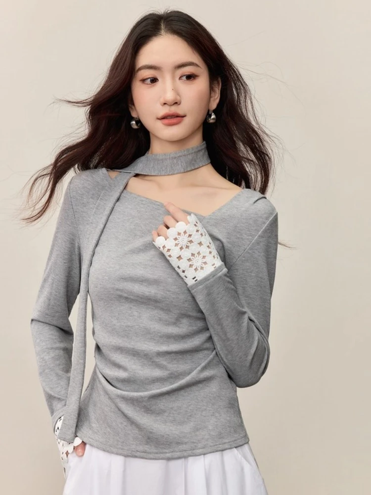 

SENTUBILA модная женская футболка, осень 202, повседневная X-Line, облегающие, с асимметричным вырезом, вязаные крючком кружевные вязаные топы 153TD2872