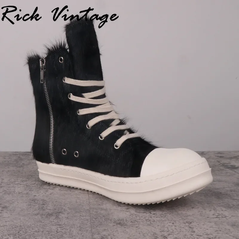 Rick Vintage High Top Shoes Women Leather Black Horse Fur Ro Owenss Thick Sole Increased Street Casual Sneakers Ankle Boots Men