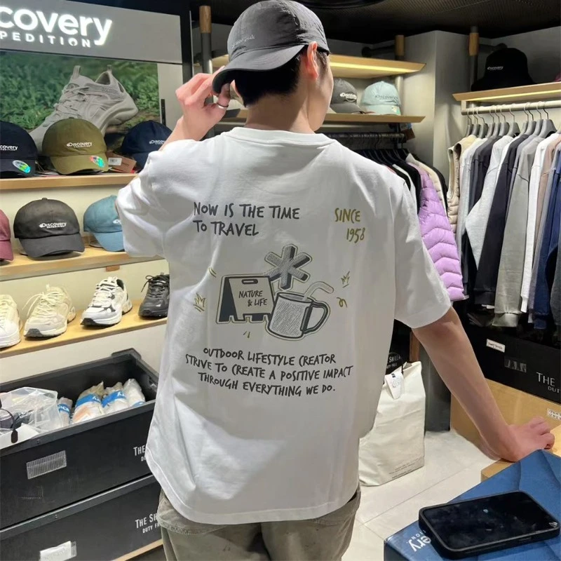 Coreano Snowpeak Estate Nuova Stampa Outdoor Camping Leisure T-shirt a maniche corte in puro cotone per il tempo libero Vacanze unisex