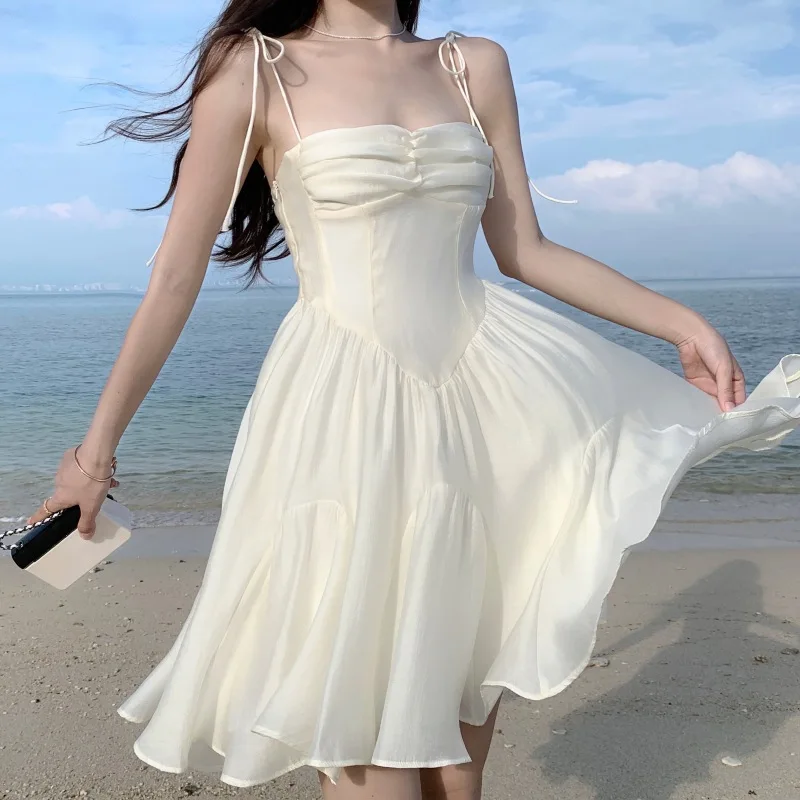 

CGC Korean Fashion Womens Strap Short Dresses 2024 New Summer Elegant Party White Dress Casual Sleeveless Female Sexy Dresses