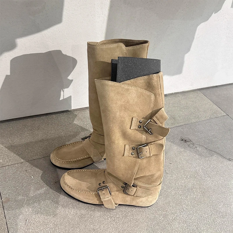 Frosted Suede Women Knee-High Boots,Retro Leather Buckle Rivet Decoration Mid-Calf Knight Combat Boots,Fall Winter Vintage Shoes