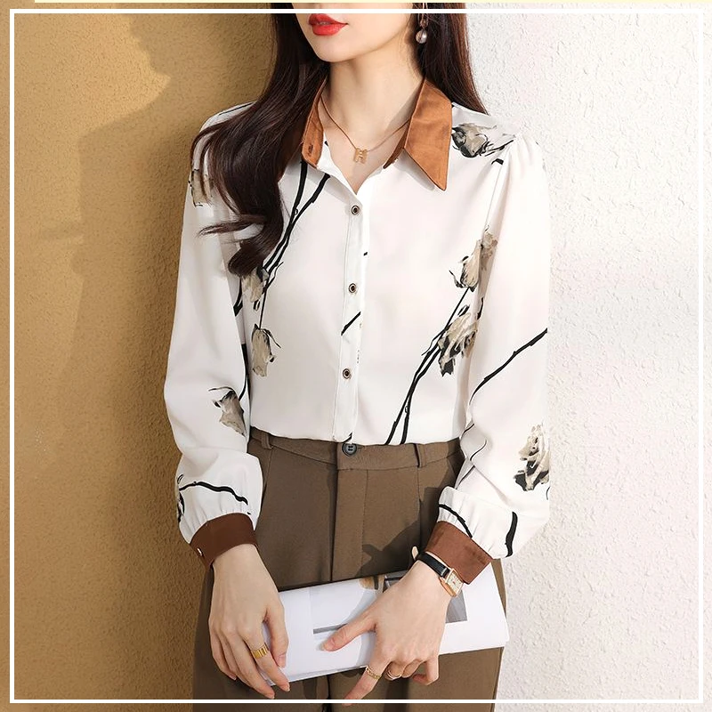 Simplicity Commute Temperament Fashion Versatile Classics Color Block Sweet Ink and Wash Women\'s Chiffon Shirt All Season 2024