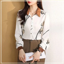 Simplicity Commute Temperament Fashion Versatile Classics Color Block Sweet Ink and Wash Women's Chiffon Shirt All Season 2024