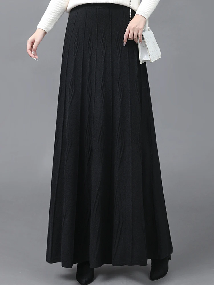 Women Fashion Autumn Winter Thick Knit Black Long Skirt Elastic Waist A-line Slim Retro Elegant Umbrella Skirt Versatile Style