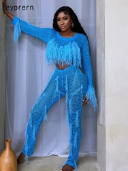 Beyprern Elegant Sequins Tassel Hollow Out Knit Crop Top And Matching Set Glitter Sequins Jumpsuit Beach Outfit Tracksuit Female