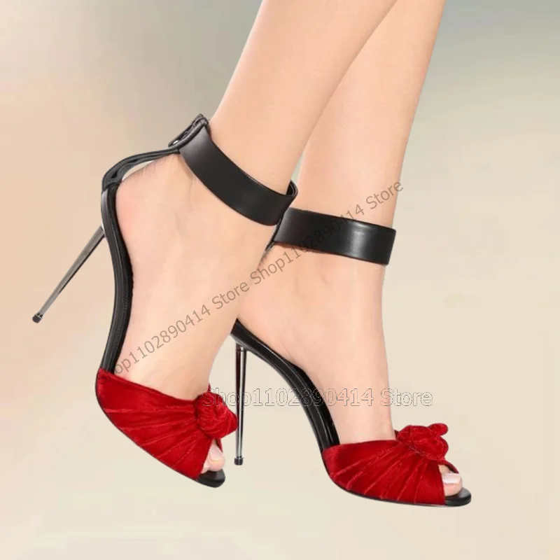 

Red Pleated Knot Decor Black Peep Toe Sandals Back Zipper Women Shoes Thin High Heels New Fashion Party 2023 Zapatos Para Mujere