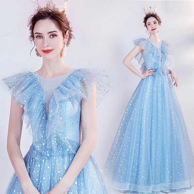 Синее вечернее платье, новинка 2025 года, перспективная вечерняя вечеринка, ежегодное собрание, художественное экзаменационное представление, соло, свадебное платье, осень