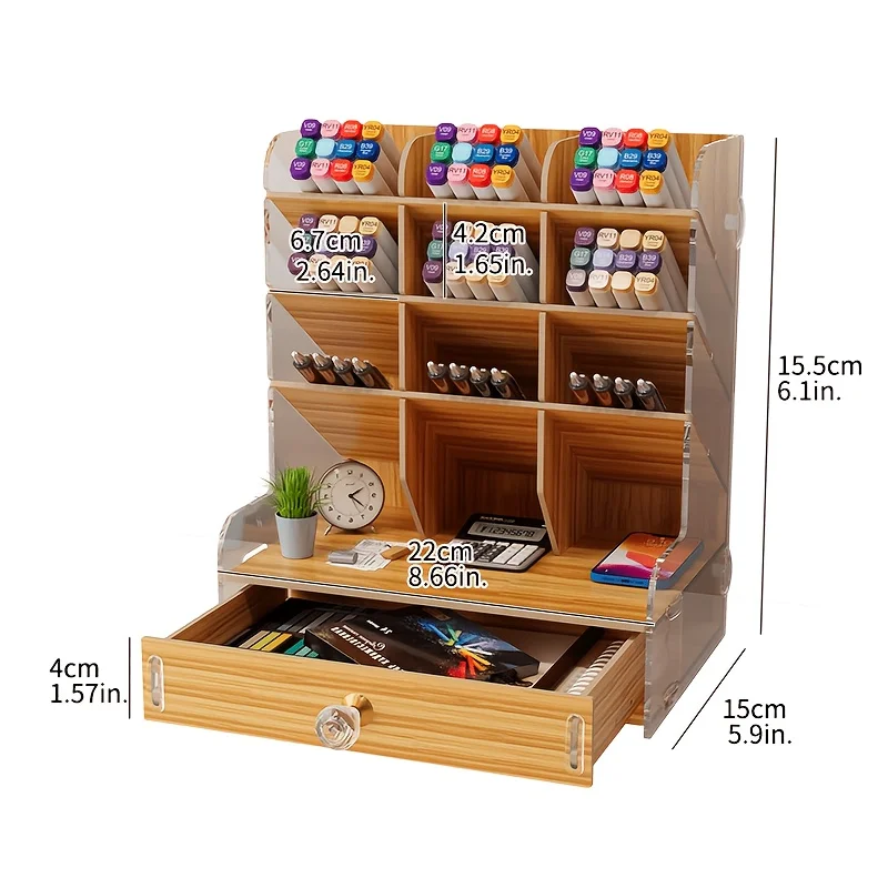 Wooden Desk Organizer with Drawer, Multi-Compartment Marker Holder for Office & Art Supplies view 2