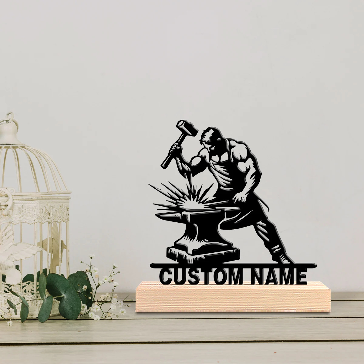 1pc Personalized Custom Blacksmith Metal Statue With Wooden Base Tabletop Decoration for Home Desk Office Decor