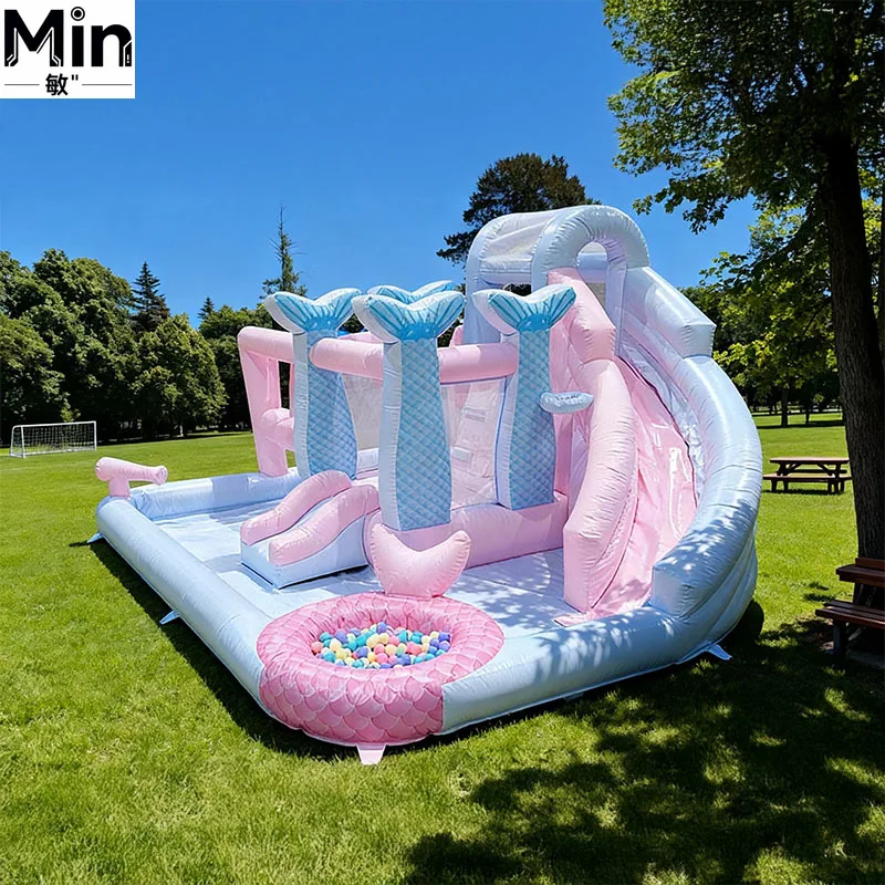 Pink Princess Inflatable Bounce Castle with Water Slide Summer Splash Pool for Kids Wedding Birthday Party Gift