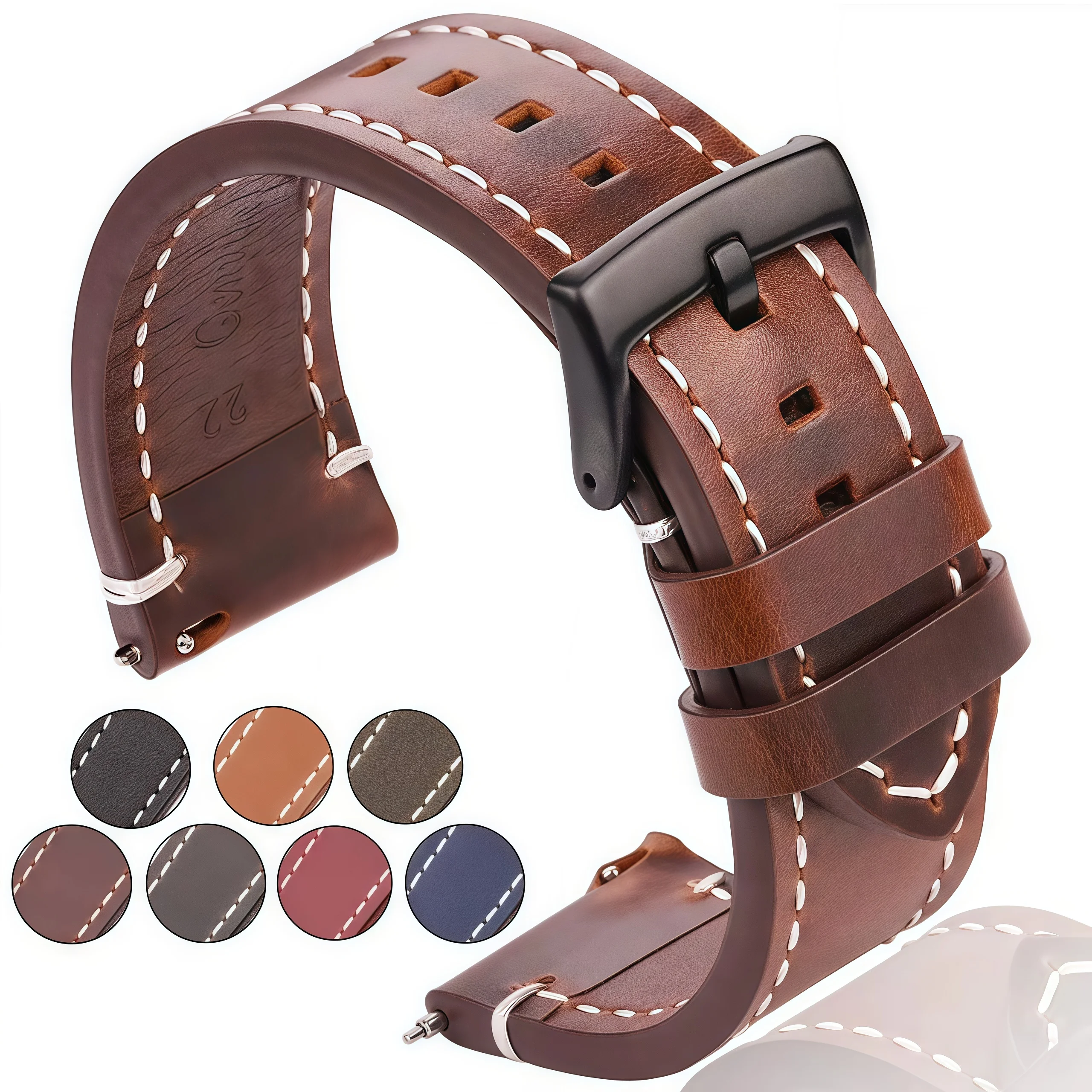 Vintage-Uhrenarmband aus Ölwachs-Rindsleder, 18, 20, 22, 24 mm, handgefertigtes Echtlederarmband mit Stahlschnalle für Männer und Frauen