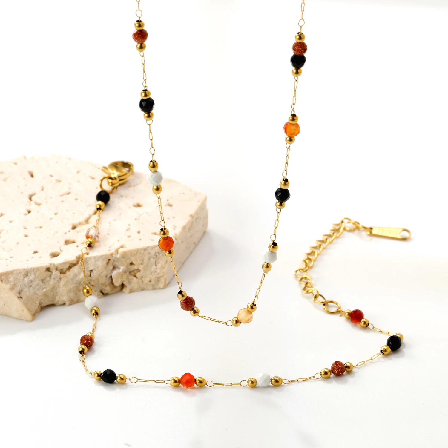 Stainless Steel Natural Colored Beads Necklace Bracelet Set Womens Trend Rust Proof Golden Hot Seller Summer Beach Jewelry Gifts