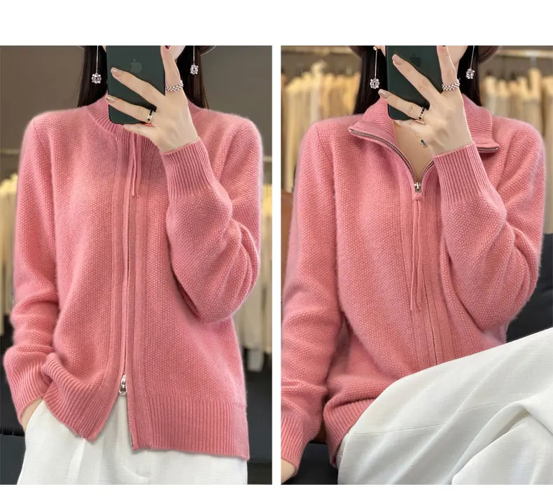 Autumn And Winter New Thick Two-Way Zipper Wool Cardigan Women's Loose Casual Sweater Solid Color Knitted Cashmere Coat