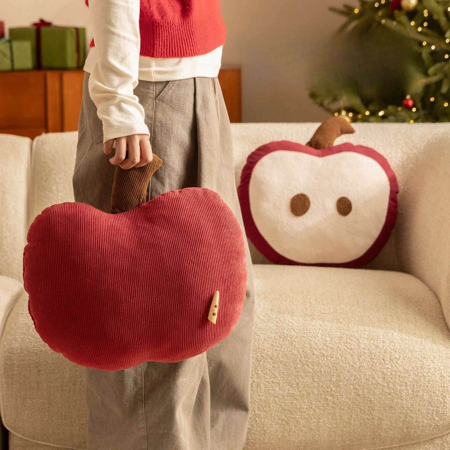 New Year Christmas Red Apple Shaped Throw Pillow Cushion for Living Room Sofa Festive Holiday Home Decor