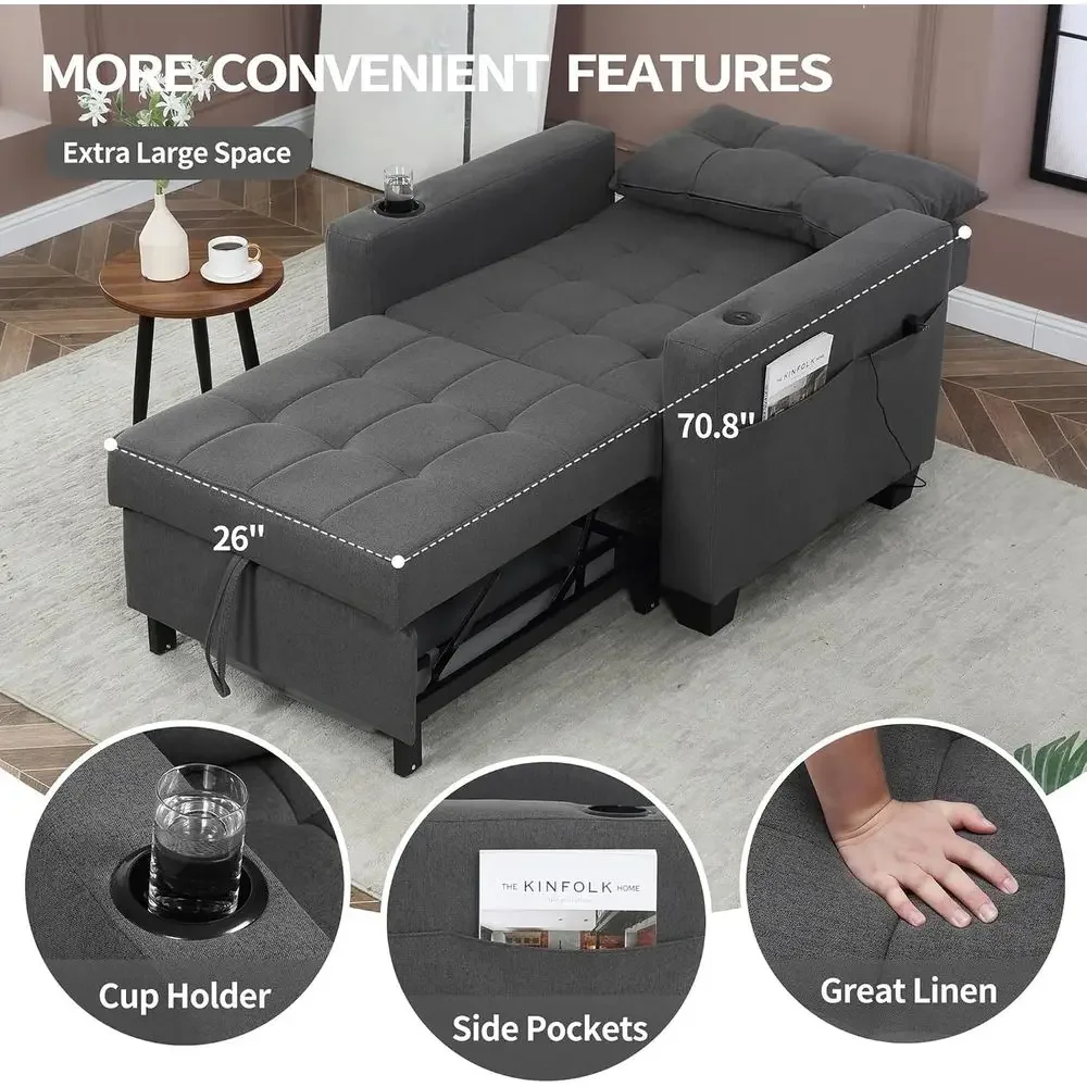 Convertible Sleeper Chair, 3-in-1 Pull Out Soa Bed with USB Port, Cup Holders, Adjustable Backrest Chair Bed or Living Room, Bed - view 2