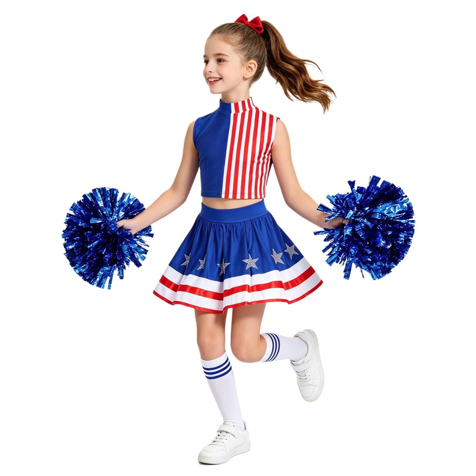 Cheerleading-Outfit für Kinder und Mädchen, Kostüm zum Unabhängigkeitstag, gestreiftes Crop-Top mit Rock mit Strass-Sternen, Pompons, Socken und Kopfbedeckung – Detail 8
