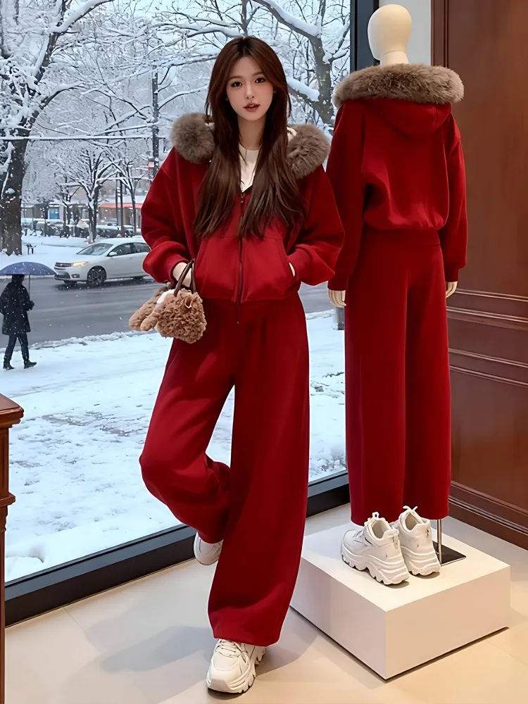 New Winter Women Warm Fleece Liner Sportswear Two Piece Set Hooded Jacket High Waist Wide Leg Pants Running Matching Set Outfit