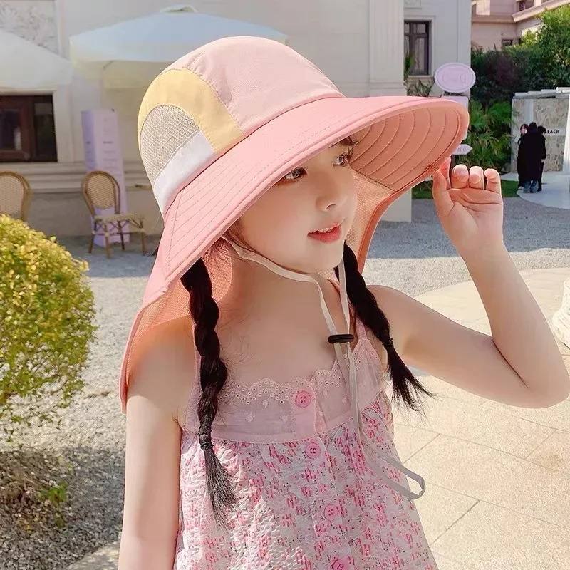 Summer Baby Sun Hat with Neck Flap UV Protection Strap Wide Brim Beach Hats Kids Bucket Hat Cap for Boys Girls Outdoor