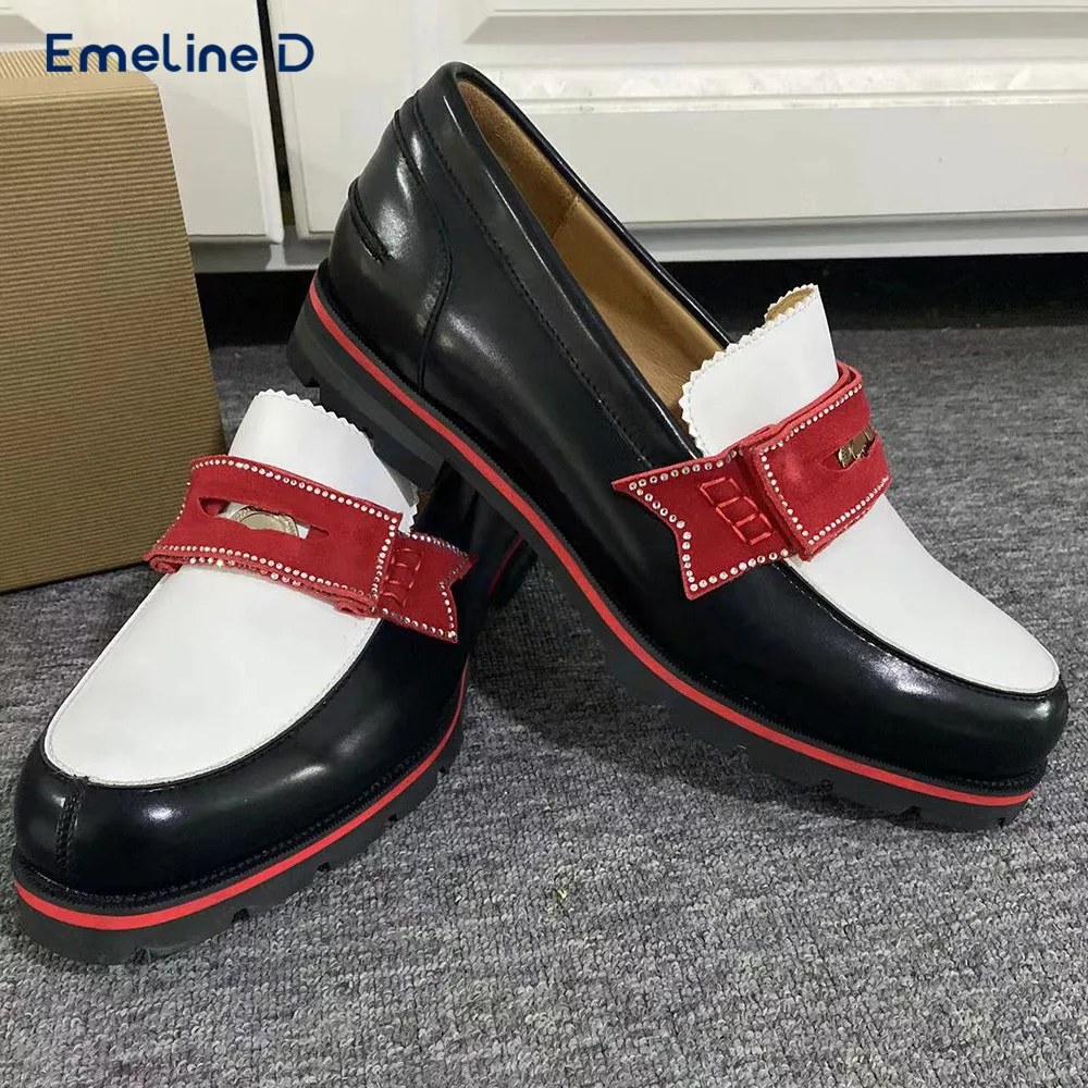 

Fashion Color Matching Rhinestone Loafers Round Toe Slip-On Wood Ear Lace Leather Casual Shoes Business Large Size Men's Shoes