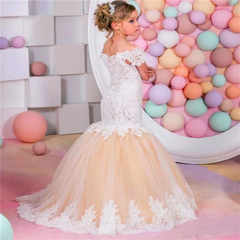 First Communion Dresses Kids Surprise Birthday Present Elegant Sleeveless Tulle Lace Printing Flower Girl Dress Princess Ball