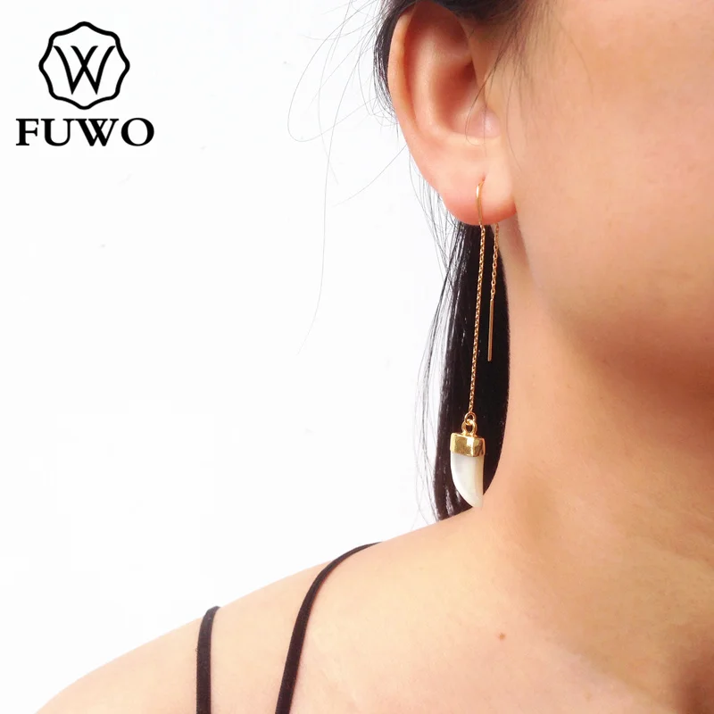 FUWO Wholesale Natural Freshwater Pearl Threader Earrings With Golden Plated Shell Horn Jewelry Gift For Women 5Pairs/Lot ER537