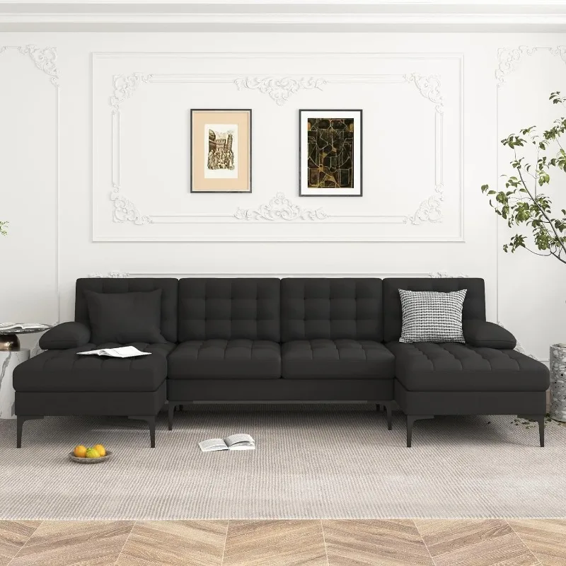 U-förmige Schnitts ofa Couch für Wohnzimmer, moderne 110 ''Leinen Stoff Couch Sofa, gepolstertes Schlafs ofa mit Metall beinen