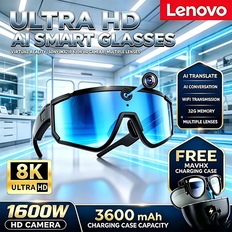 Lenovo 2026 New AI Smart Glasses ChatGPT 2400W 1080P Anti Shake Video Sport Cycling Sunglasses Dual Mic 32GB Windproof Goggle
