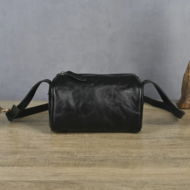 Genuine Cowhide Cylinder Crossbody Bag Minimalist Casual Single Shoulder Bags Women Leather Daily Commuting Purse Pouch