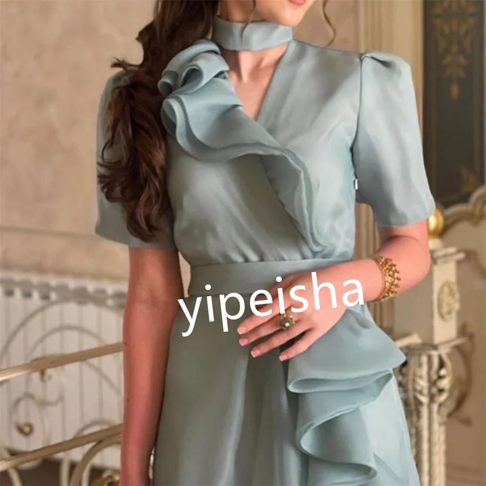 Vestido largo de Organza con volantes para graduación, línea A, cuello en V, a medida, para ocasiones