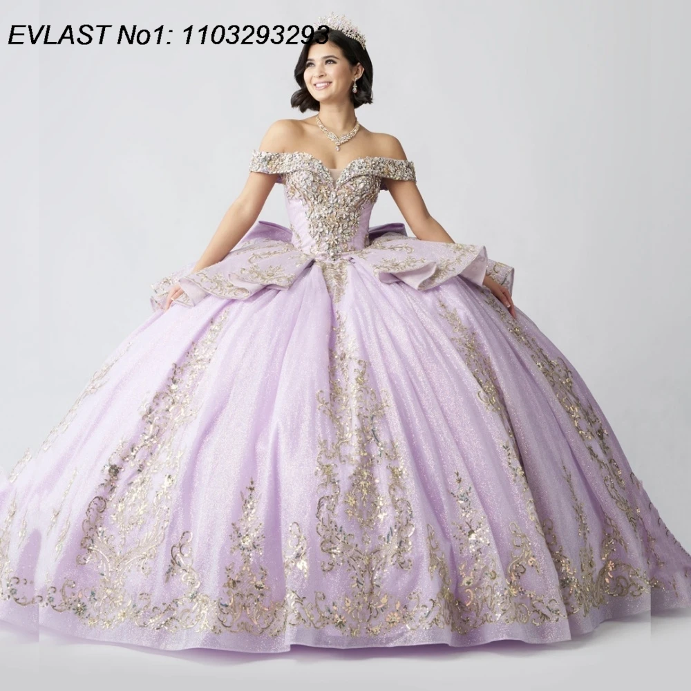 

EVLAST Customized Glitter Lavender Quinceanera Dress Ball Gown Gold Lace Applique Beading Sweet 16 Vestidos De 15 Anos E1QN751