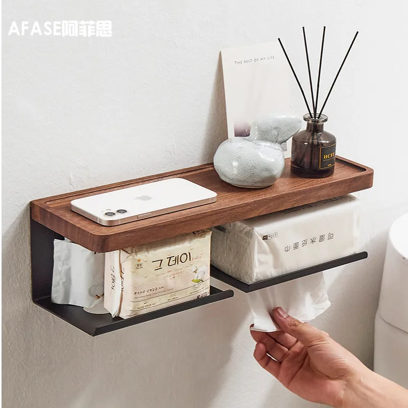 Solid Wood Tissue Box Toilet Accessories Punching Installation Decor of New Room Toilet Bathroom Decor Mobile Phone Storage Rack